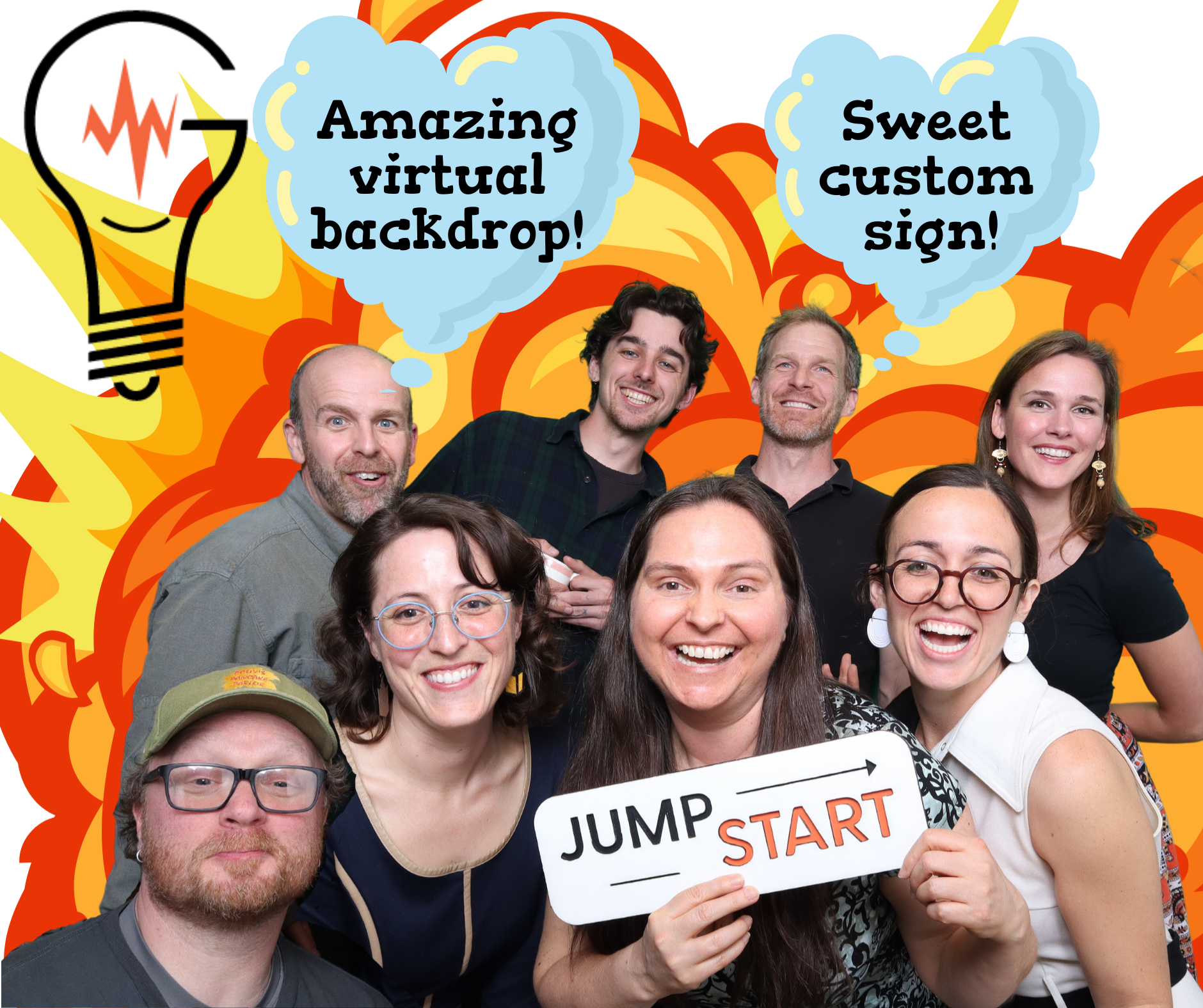 Group posed in front of vibrant virtual green screen background, holding custom wooden photo booth sign, at Generator in Vermont.